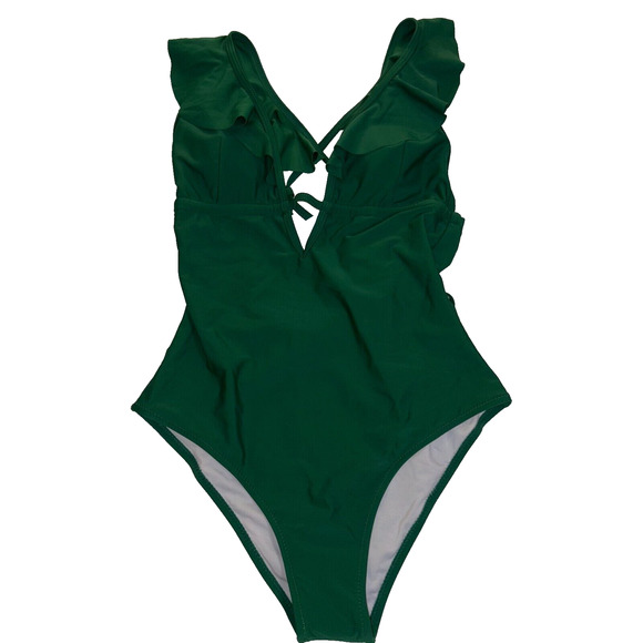 Cupshe Small One Piece Deep V-Neck Ruffled Back Crossover Monokini,cruise/beachy - Picture 3 of 3